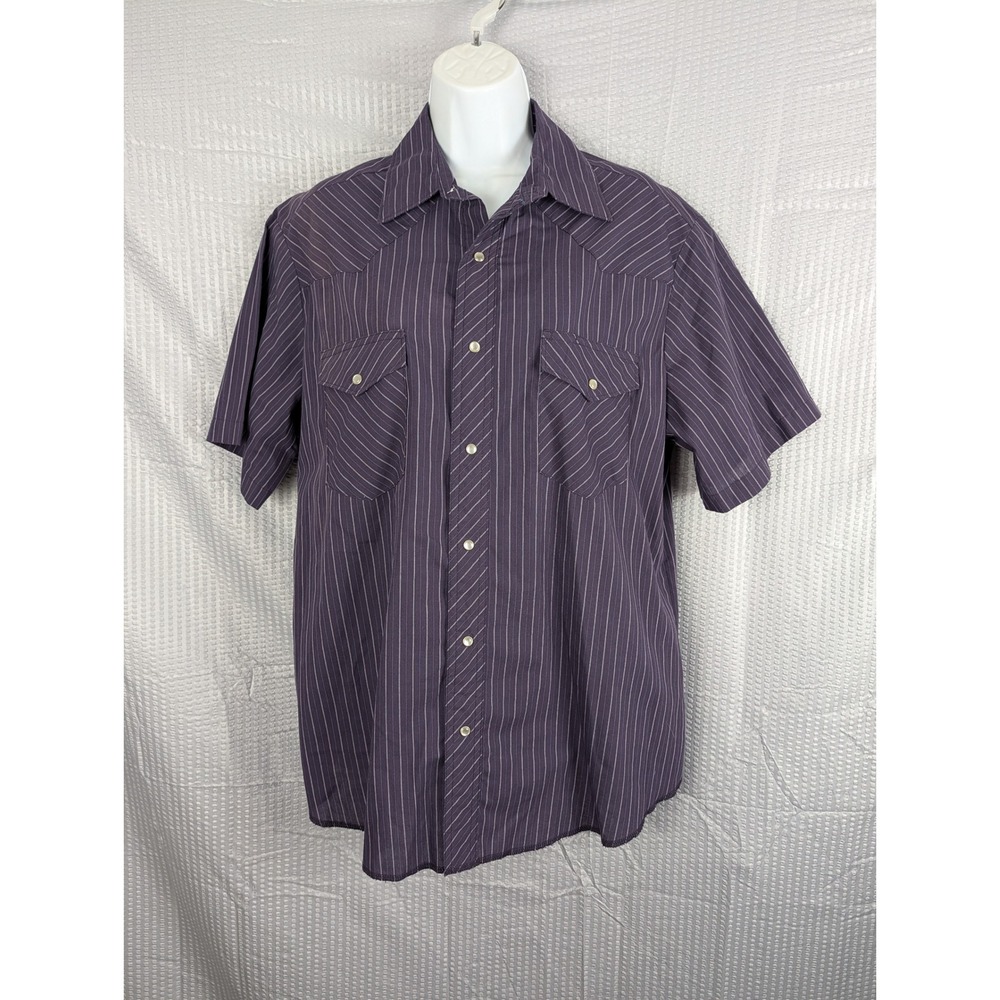 Wrangler Western Shirt Mens Large Purple Pinstripe Pearl Snap Short Sleeve